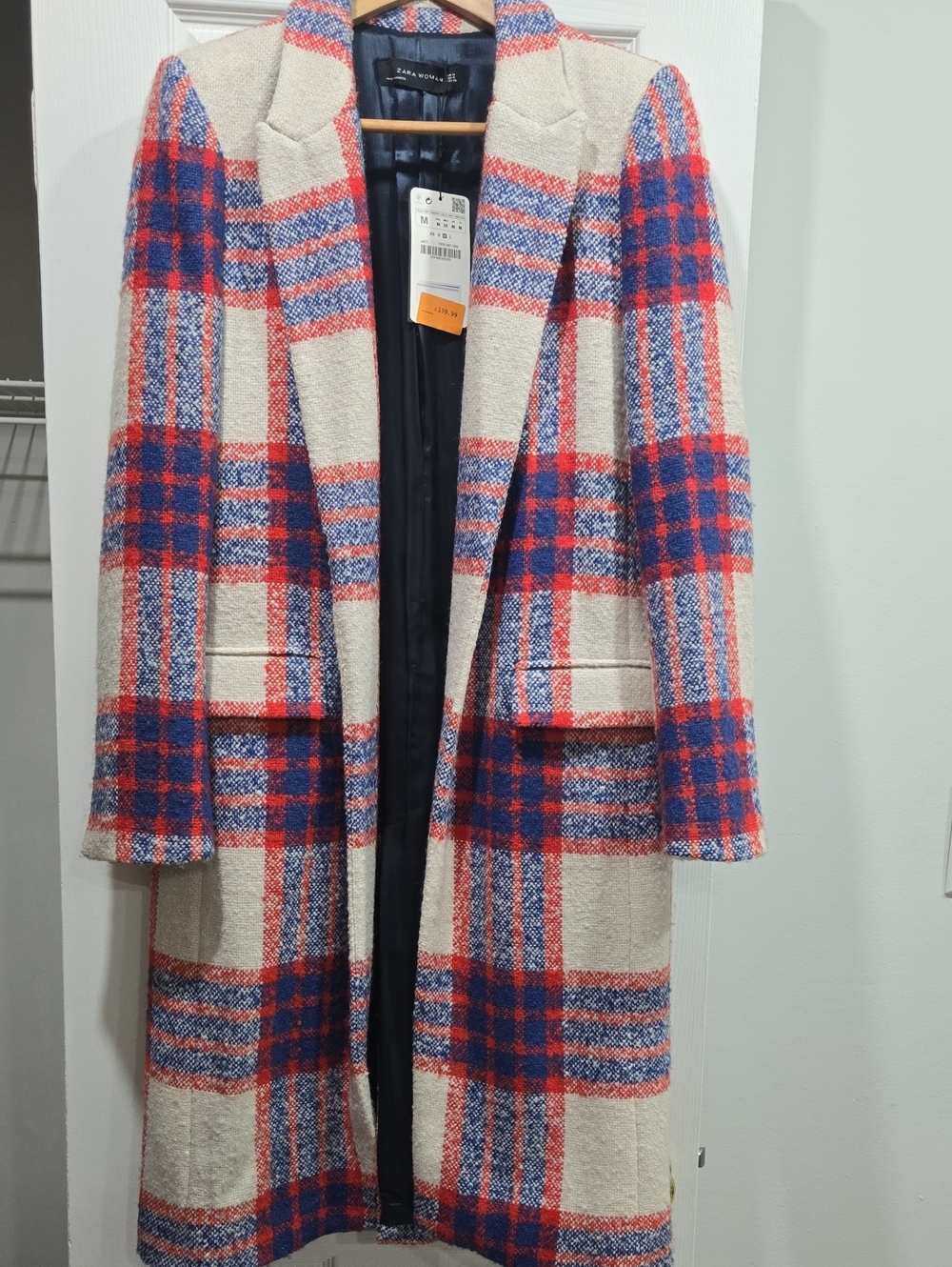 Zara Cream Coat with Red & Blue Plaid